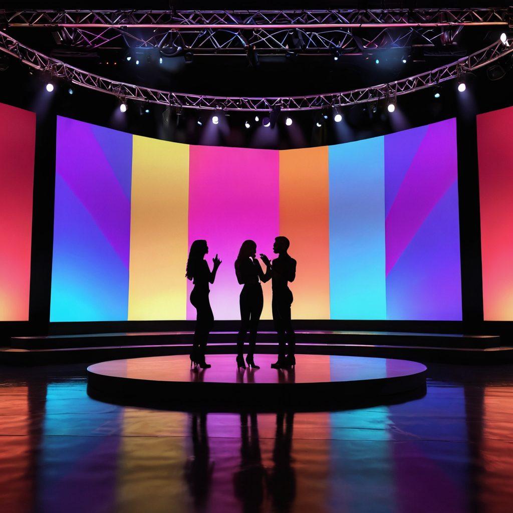 A captivating scene of a virtual adult show, featuring a beautifully designed stage with soft, inviting lighting, emphasizing intimacy. Include a diverse group of performers engaging with an engaged online audience, showcasing their sensual connection. The background should have vivid colors and digital screens displaying interactive elements. Adding elements like flowing fabrics and soft shadows can enhance the atmosphere. vibrant colors. super-realistic.