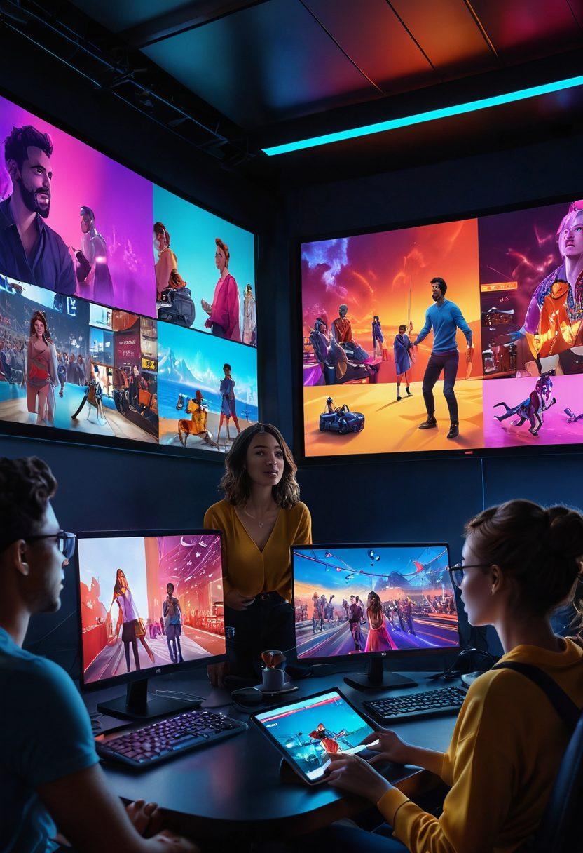 A captivating scene featuring a diverse group of people experiencing live streaming on various devices, surrounded by vibrant glowing screens showcasing adult content. Incorporate a sense of excitement and connection among them, with colors that pop and a backdrop that suggests a modern, tech-driven environment. The ambiance should evoke a sense of adventure and exploration. super-realistic. vibrant colors. dynamic lighting.